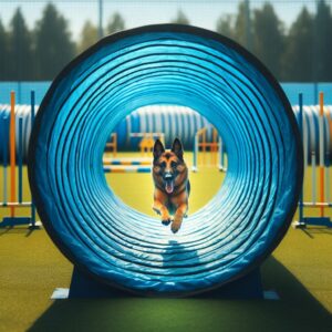 Schäferhund rennt durch riesigen Tunnel beim Agility Sport