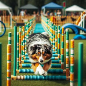 Blue Merle Australien Shepherd Hund springt über Hürden