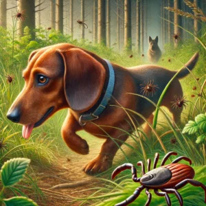 Ein Dackel läuft durch einen Wald voller Zecken, die Anaplasmose bei Hunden übertragen können