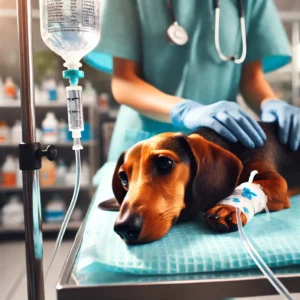 Ein Dackel wird in einer Tierklinik behandelt, nachdem bei ihm Anaplasmose diagnostiziert wurde. Der Hund erhält eine intravenöse Therapie zur Bekämpfung der Krankheit