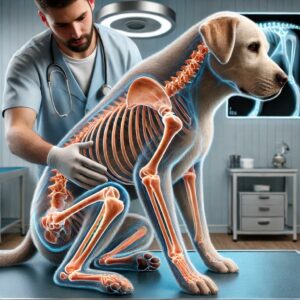Ein Tierarzt untersucht einen Hund mit Arthrose, wobei eine Röntgenaufnahme der Gelenke im Hintergrund zu sehen ist