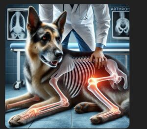 Ein Hund mit Arthrose wird von einem Tierarzt untersucht, während eine Röntgenaufnahme entzündeter Gelenke sichtbar ist.