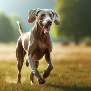 Gesunder Weimaraner Hund rennt über eine Wiese und hat die durch Zecken übertragende Krankheit Babesiose erfolgreich überstanden