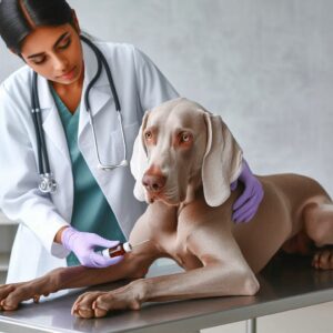 Weimaraner Hund wird von einem Tierarzt auf Babesiose beim Hund untersucht, Vorbereitung auf eine diagnostische Blutuntersuchung