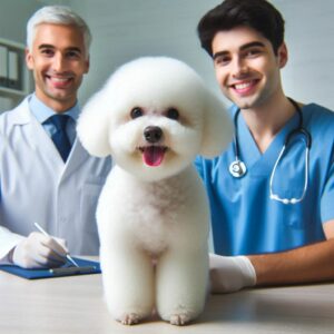 Bichon Frisé und die beiden Tierärzte sind glücklich und froh über die erfolgreiche Behandlung der Blasensteine beim Hund