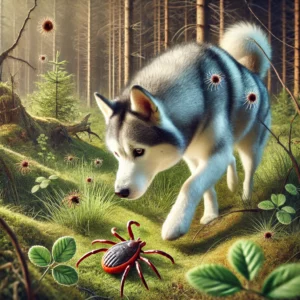 Husky im Wald mit mehreren Zecken auf seinem Fell. Ehrlichiose bei Hunden kann durch Zecken übertragen werden, daher ist eine schnelle Zeckenkontrolle entscheidend, um das Infektionsrisiko zu minimieren