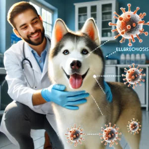 Husky beim Tierarzt mit einer schematischen Darstellung der Ehrlichiose-Infektion. Der Hund wird auf mögliche Symptome von Ehrlichiose beim Hund untersucht
