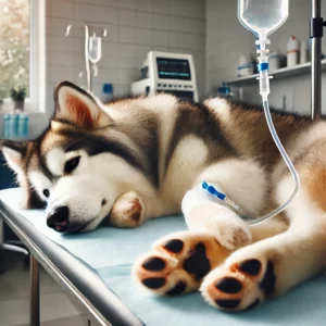 Husky liegt in der Tierklinik und erhält eine intravenöse Behandlung zur Bekämpfung der Ehrlichiose bei Hunden