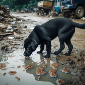 Ein schwarzer Labrador Retriever trinkt verunreinigtes Wasser aus einer Pfütze was die Chance einer Giardiose erhöht.