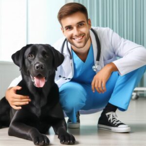 Fröhlicher schwarzer Labrador Hund zusammen mit seinem Tierarzt nach erfolgreicher Behandlung von Giardiose bei Hunden