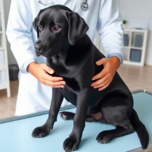 Schwarzer Labrador sitzt in der Tierklinik und wird vom zuständigen Arzt auf Giardiose untersucht