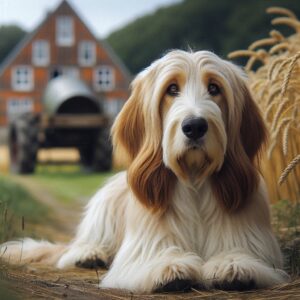 grand basset griffon vendeen liegt auf einer wiese vor einem haus