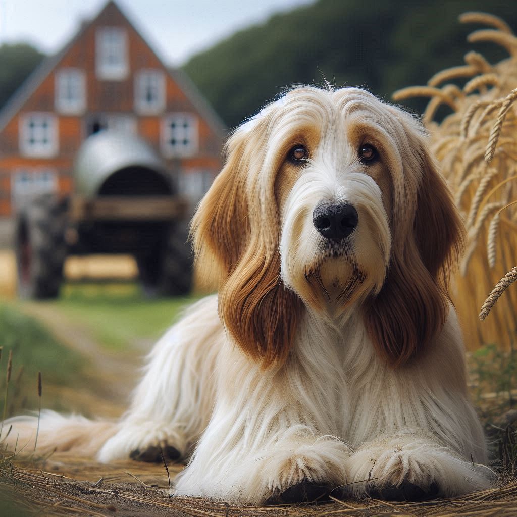 grand basset griffon vendeen liegt auf einer wiese vor einem haus
