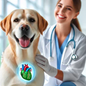 Ein Hund wird von einem Tierarzt untersucht, während auf dem Bild ein grafisches Herzsymbol die Herzwurmkrankheit (Dirofilariose) beim Hund verdeutlicht