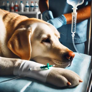 Ein Labrador Hund liegt erschöpft in einer Tierklinik und erhält eine intravenöse Behandlung gegen Herzwürmer um seine Gesundheit wiederherzustellen.