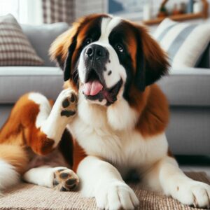 Bernardiner Hund kratzt sich weil er vermutlich von Hot Spots beim Hund betroffen sein könnte