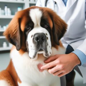 Tierarzt findet beim Bernardiner eine Stelle die wie ein Hotspot beim Hund oder feuchte Dermatitis aussieht.
