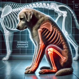 Röntgenbild eines Labrador Retriever Hundes mit sichtbarem Skelett und Fokus auf das Kniegelenk, das auf einen Kreuzbandriss hinweist. Darstellung der anatomischen Strukturen eines Hundes in einer Tierklinik