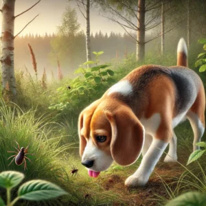 Beagle in einem Wald, umgeben von Zecken. Lyme-Borreliose bei Hunden kann durch Zeckenbisse übertragen werden