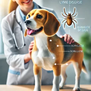 Beagle beim Tierarzt mit Darstellung von Zecken und möglichen Borreliose-Infektionsstellen