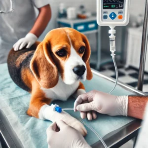 Beagle in der Tierklinik mit intravenöser Behandlung. Diagnose und Behandlung von Borreliose bei Hunden durch medizinische Intervention