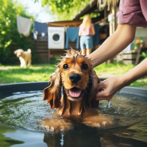 Cocker Spaniel Hund wird draußen gebadet, um Ohrinfektionen und Otitis vorzubeugen