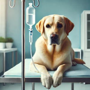 Hund mit Infusion auf einem Behandlungstisch in einer Tierklinik, im Rahmen der Behandlung von Parvovirose bei Hunden