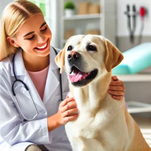 Fröhlicher Hund mit Tierärztin in einer Klinik, während einer Untersuchung nach erfolgreicher Therapie von Parvovirose beim Hund