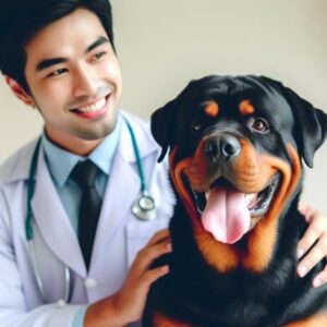 Zufriedener Rottweiler und Tierarzt nach erfolgreicher Behandlung der Prastataerkrankung bei hunden