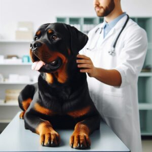 Ein Tierarzt untersucht den Rottweiler auf eine Prostataerkrankung beim Hund