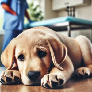 Ein junger Hund liegt erschöpft auf einem Tierarzt-Tisch, möglicherweise wegen Staupe-Erkrankung, während eine Behandlung vorbereitet wird. Der Hund zeigt Schwäche und Müdigkeit, Symptome einer Staupe-Infektion bei Hunden