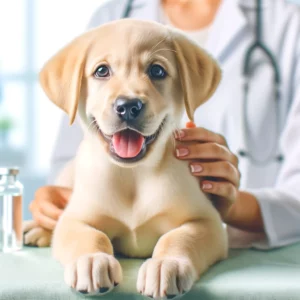 Ein glücklicher Hund wird bei einem Tierarzt behandelt, möglicherweise zur Vorsorge oder Impfung gegen Staupe. Das Bild zeigt einen gesunden Hund nach einer medizinischen Untersuchung mit einem Lächeln.