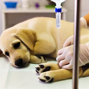 Ein junger Hund liegt schwach auf einem Untersuchungstisch, während eine Infusion verabreicht wird. Dies könnte auf eine Behandlung von Staupe-Symptomen hinweisen, wie sie bei Hunden mit der Krankheit auftreten