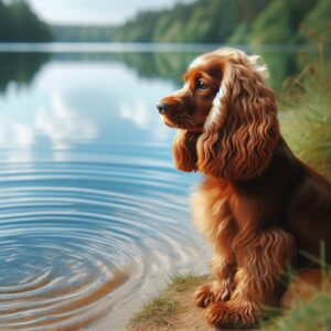 Sussex Spaniel sitzt am See und schaut aufs Wasser