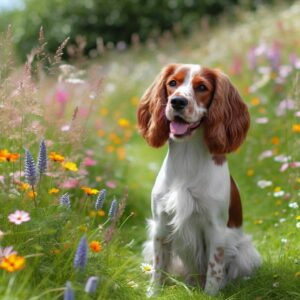 Englischer Jagdhund sitzt in einem bunten Blumenfeld