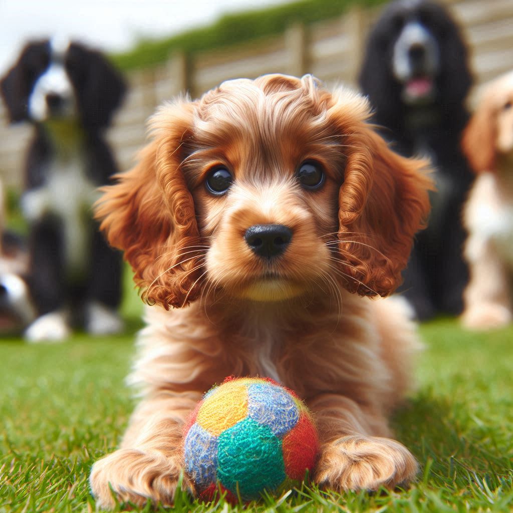 Ein Jagdspaniel Welpe spielt mit einem bunten Ball im Gras