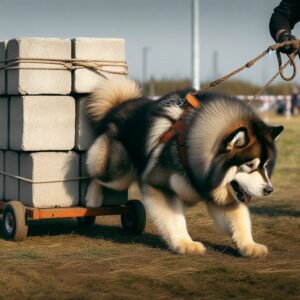 Alaskan Malamute zieht beladenen Wagen mit Betonsteinen bei Weight Pulling Wettbewerb – Hundesport mit Kraft, Technik und Ausdauer 