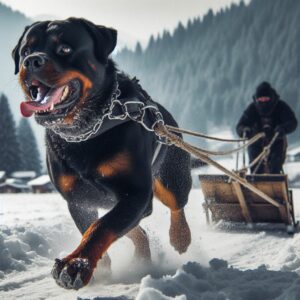 Rottweiler zieht Holzschlitten durch verschneite Winterlandschaft – kräftiger Hund im Zughundetraining vor Alpenpanorama