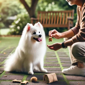 Ein American Eskimo Dog sitzt aufmerksam während einer Trainingseinheit im Park und erhält ein Leckerli als Belohnung für gutes Verhalten. Spielzeug und Leckerlis sind im Hintergrund sichtbar, während die Sonne auf das flauschige weiße Fell des Hundes scheint