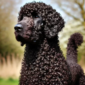 pportierhund mit Locken, ein Curly-Coated Retriever mit muskulösem Körperbau und dichten, wasserabweisenden Locken, steht im Freien