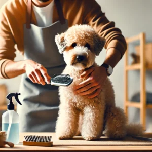 Ein Bedlington Terrier sitzt ruhig, während sein Besitzer das lockige Fell mit einer Bürste pflegt