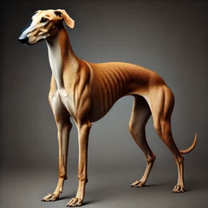 Ein Berber-Windhund steht stolz und aufmerksam in einem Studio, seine schlanke und muskulöse Statur ist deutlich sichtbar