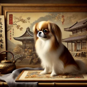 japan chin sitzt elegant in traditioneller japanischer umgebung und symbolisiert seine historische rolle als begleithund der japanischen aristokratie