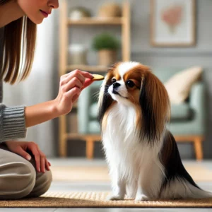Koeniglicher Chin wird mit positiver Verstaerkung trainiert, ein Hund bekommt ein Leckerli von seinem Besitzer