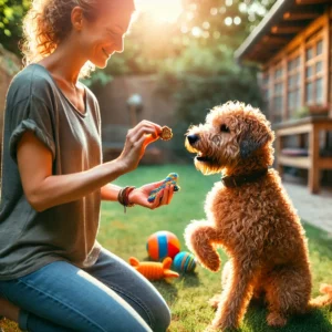 Ein lockiger Terrier nimmt an einem positiven Verstärkungstraining teil, bei dem der Besitzer dem Hund ein Leckerli gibt