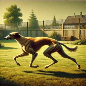 Ein Nordafrikanischer Windhund läuft elegant und schnell durch einen sonnigen Garten mit gepflegtem Rasen und einem Holzzaun im Hintergrund