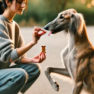 Ein Sloughi-Hund nimmt an einer Trainingseinheit mit seinem Besitzer teil der ihn mit einem Leckerli für positive Verstärkung belohnt