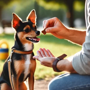 Ein Terrier in Miniaturformat sitzt aufmerksam, während sein Besitzer ihm als Belohnung ein Leckerli anbietet. Der Hund wirkt freudig und konzentriert. Im Hintergrund sieht man Spielzeug und eine Leine, die auf den Einsatz positiver Verstärkung beim Training hinweisen