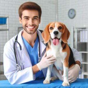 Ein Beagle Hund ist zusammen mit dem Tierarzt glücklich über die erfolgreiche Behandlung von Tollwut beim Hund