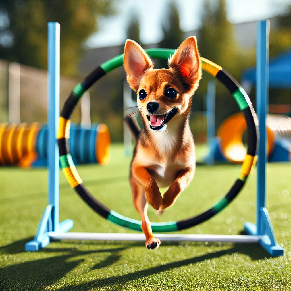 Ein lebhafter Toy Fox Terrier springt mit freudigem Ausdruck durch einen Agility-Reifen in einem Park